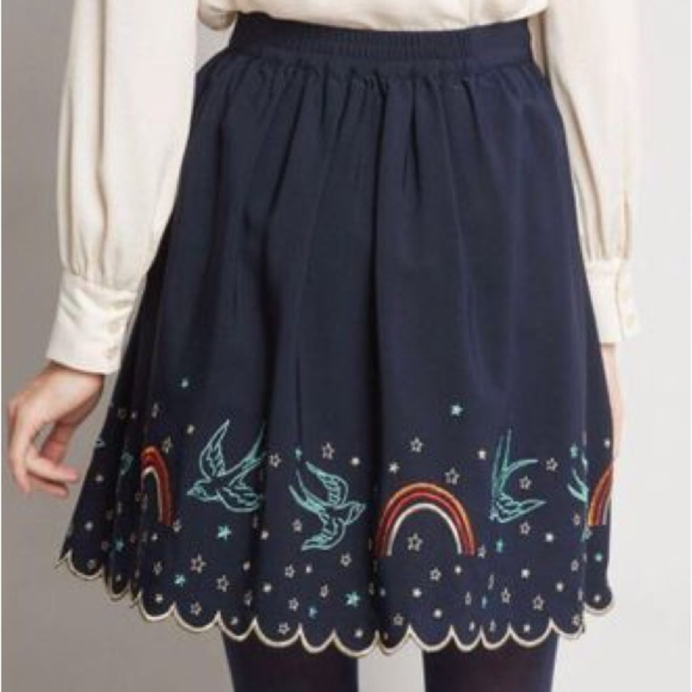Modcloth Treasured Reveries navy skirt- rainbows and sparrows
